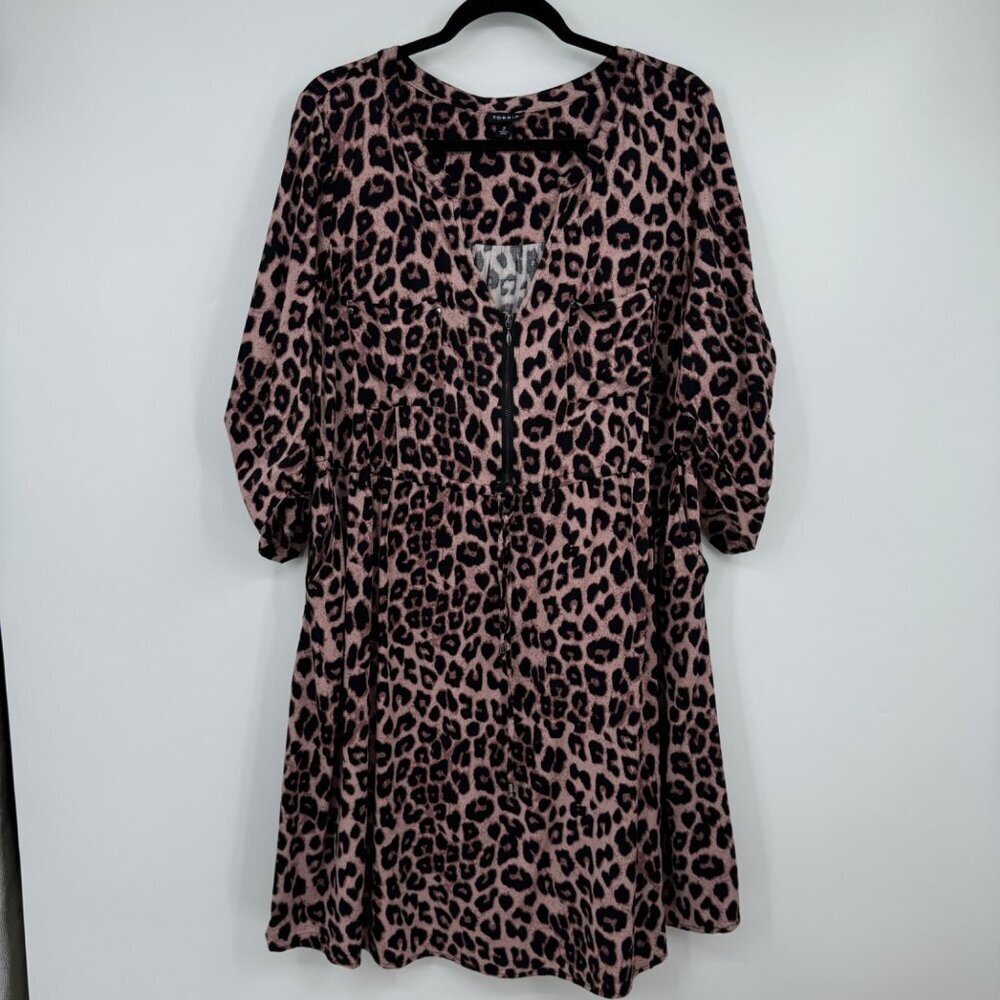 Torrid Leopard Print Zip Front 3/4 Sleeve Challis Shirt Dress Women’s Size 2